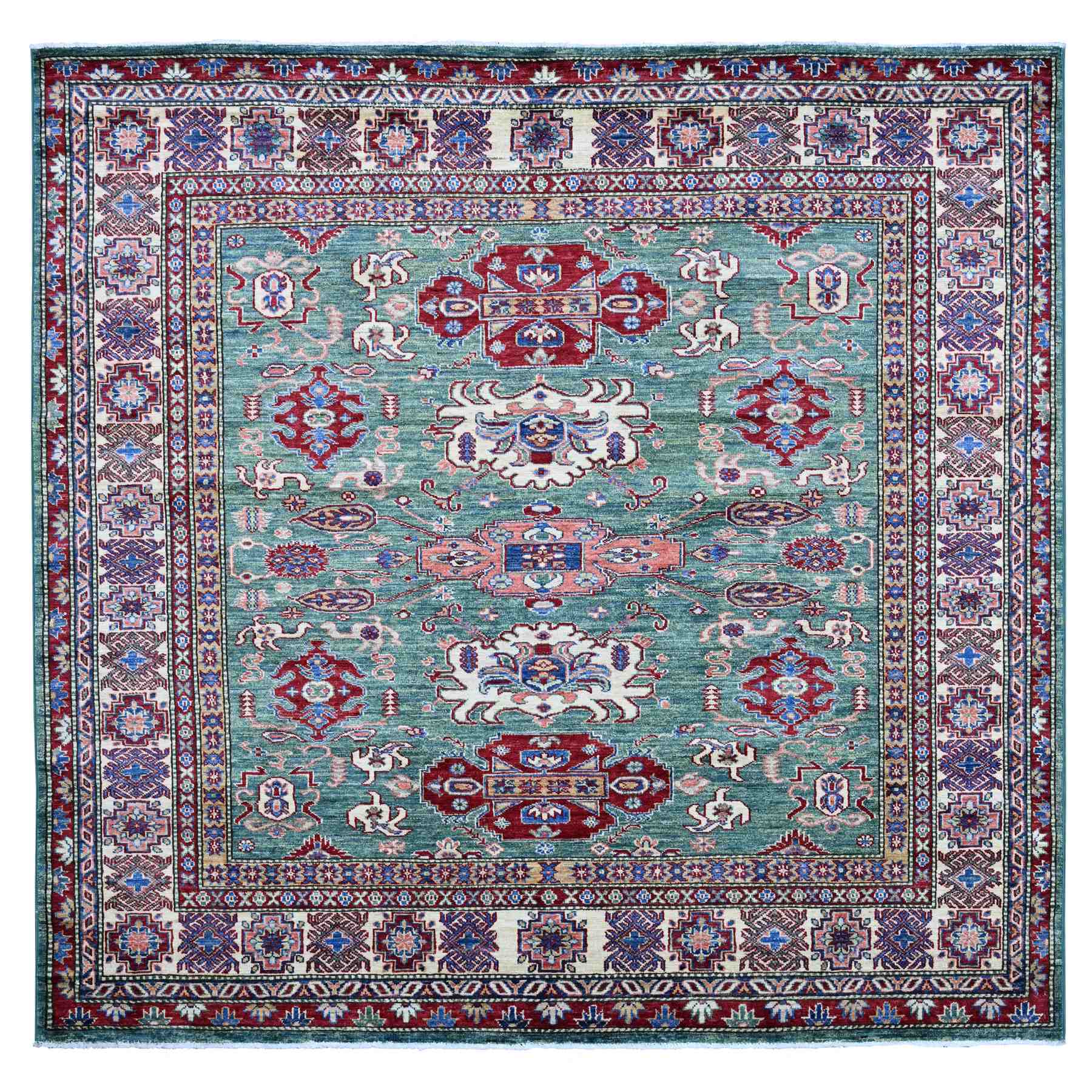 Viridian Green, Afghan Super Kazak with Tribal Medallions Design, Hand Knotted, Soft and Velvety Wool, Vegetable Dyes, Square, Oriental Rug